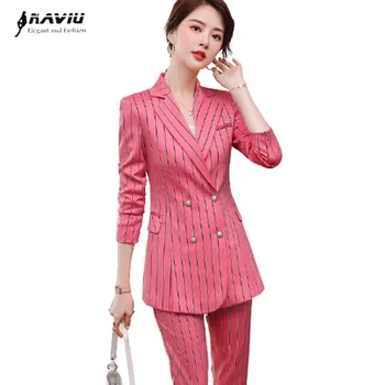 

Pink Stripe Pants Suits Womne Fashion Temperament Winter High End Long Sleeve Slim Blazer Sets Office Ladies Foraml Work Wear