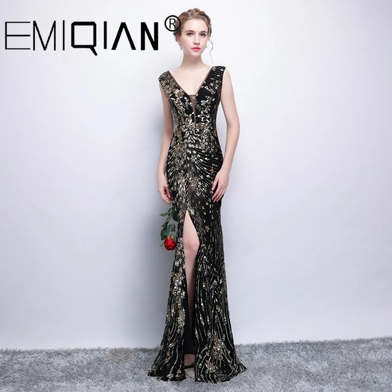 robe de soiree Beaded Evening Pageant Gown Mermaid Dress Gold Sequin Black Long Formal | Свадьбы и торжества