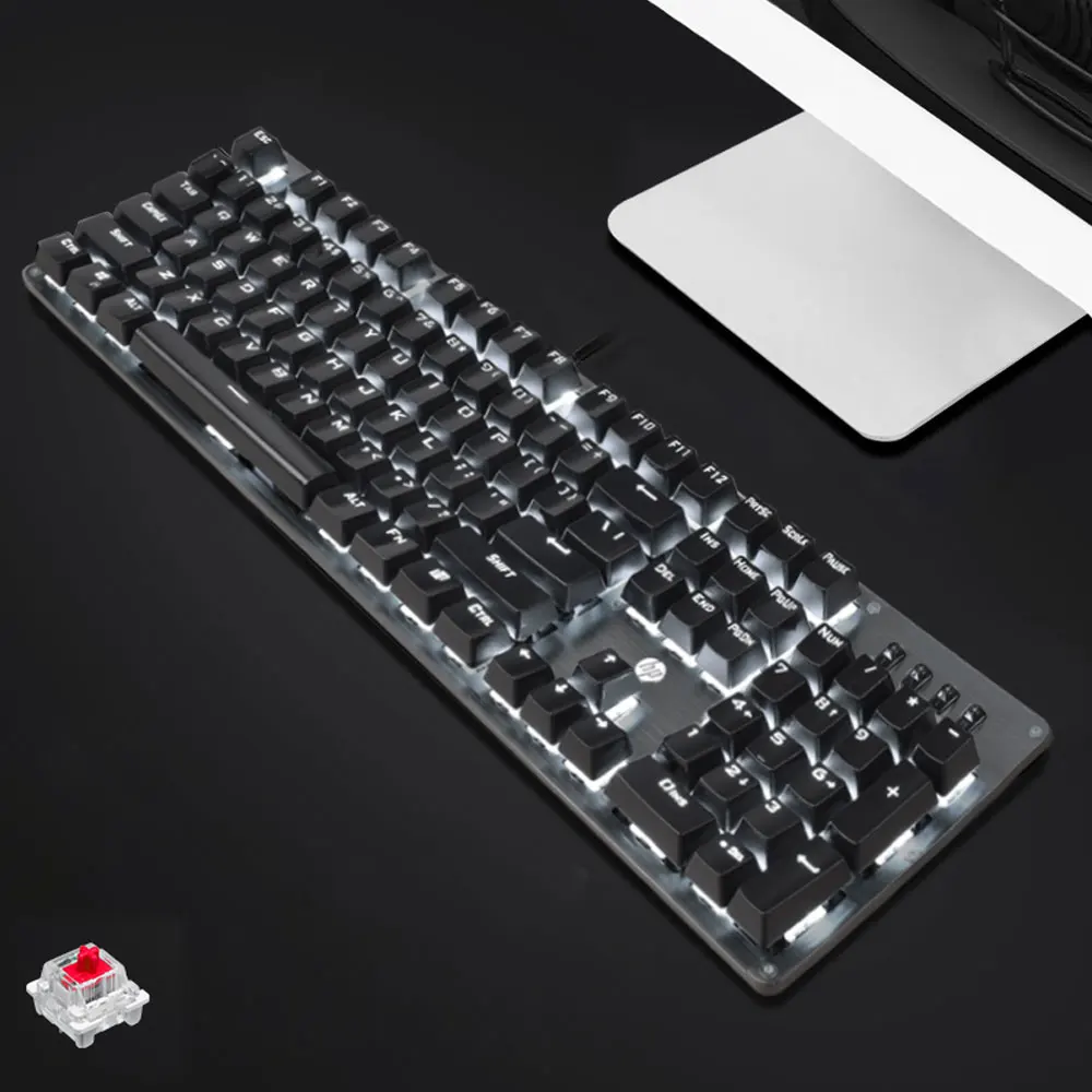 Hp GK100 Механическая игровая клавиатура с подсветкой, синий, красный переключатель, 104 клавиш, металлический цветной светодиодный компьютер с подсветкой, Проводная клавиатура для геймера
