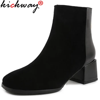 

Kickway black cow suede boots women square toe elegant high heels shoes women patchwork bottes femme 2020 botas plus size 34-43