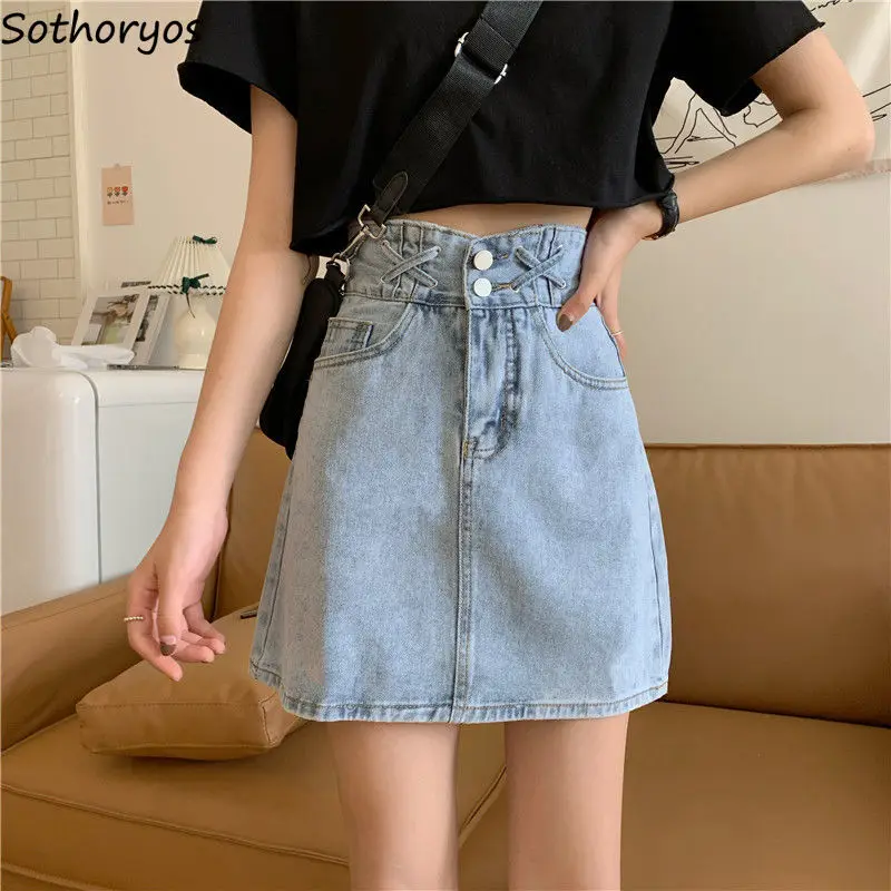

Skirts Women Fashion Buttons Solid Retro Vintage All-match Korean Style Empire Slim Casual Chic Elegant Streetwear A-line Teens
