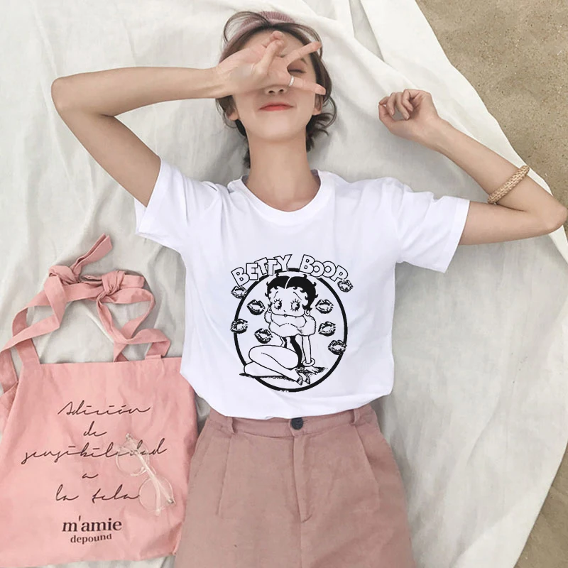 2020 Summer Casual Vogue Female T-shirt Harajuku Funny Betty BOOP Printed Tshirt Vintage Aesthetic T Shirt New White Streetwear