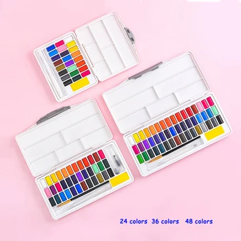 

24/36/48 Colors Gouache Pigment Macarons Solid Watercolor Set Painting Box With Water Brush Hook Gelly Roll Pen Art Supplies
