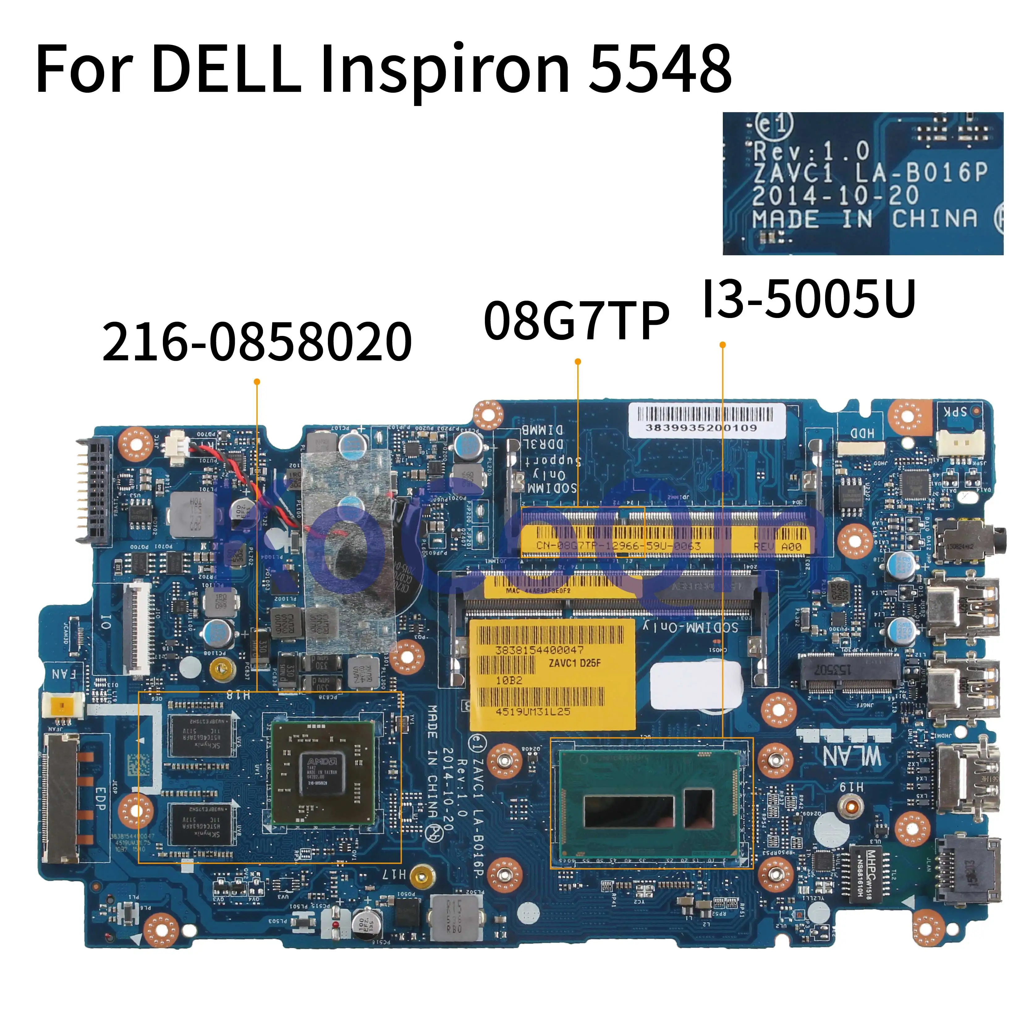 Greatest  KoCoQin Laptop motherboard For DELL Inspiron 5548 5448 5543 I3-5005UMainboard CN-08G7TP 08G7TP ZAVC