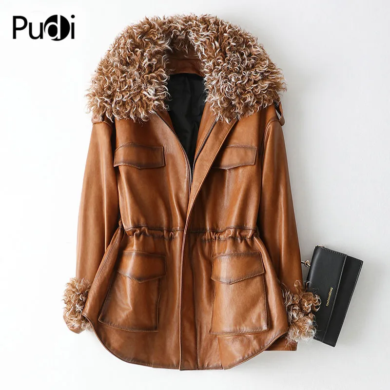 PUDI fall/winter genuine leather sheep fur collar jacket sheepskin coat lady's Leisure 90% down coat female overcoat A69026