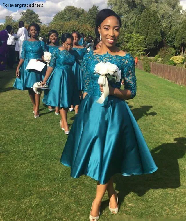 Vintage 2017 Tea Length Country Style Bridesmaid Dresses with Half Sleeve Teal Satin Short Formal Wedding Guest Party Gowns Under 100 88