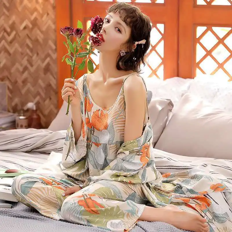 3PCS Pajamas Sets Printed Long Sleeve Sleepwear Sexy Cami Top Pajama Sleeveless