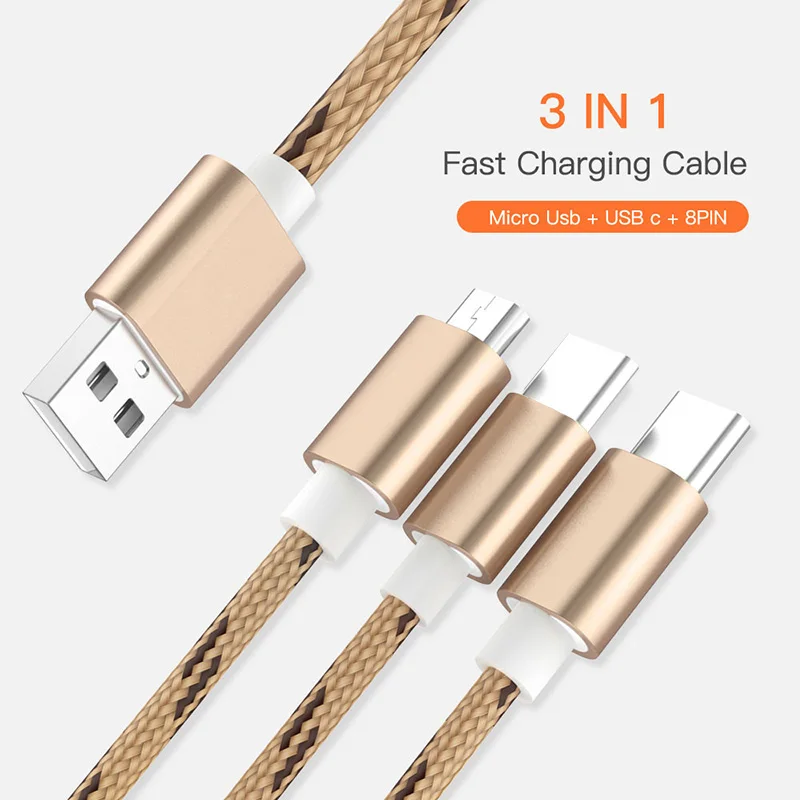 Нейлоновый плетеный 3 в 1 USB кабель type C Micro usb кабель для зарядки 8 Pin лента C type-C для iPhone samsung Xiaomi Redmi huawei Honor