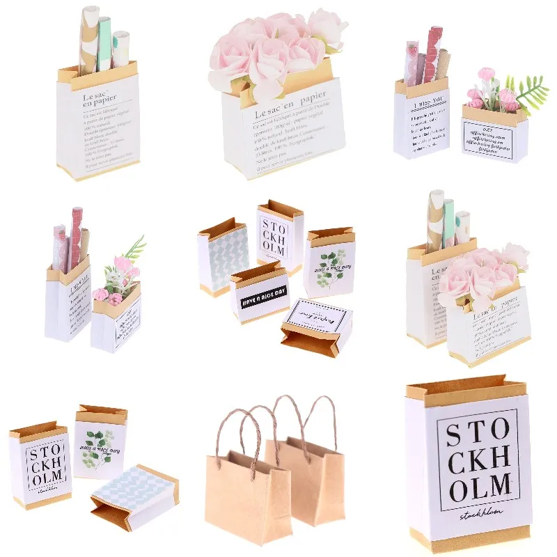 

1:12 Dollhouse Miniature Rose Flower Packaging Paper Bag Flower Arrangement Packaging Paper bag Furniture Decor Toys