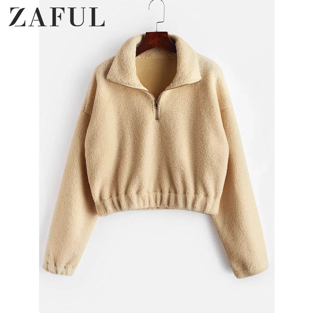  ZAFUL Mock Neck Plain Faux Fur Sweatshirt Half Zipper Sweatshirts Sherpa Hoodies Women Clothing Sol