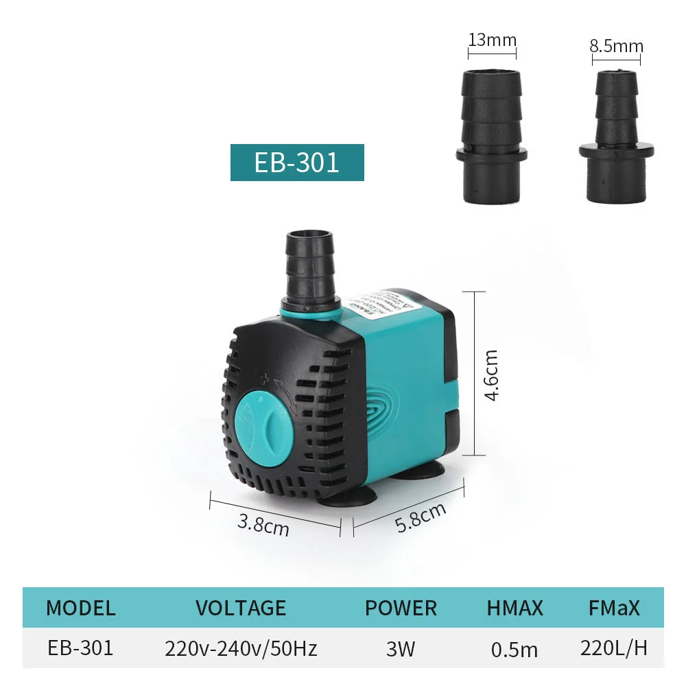 EXLECO Mini Wasserpumpe Tauchpumpe Aquariumpumpe 2500L/H 40W 230V  Förderhöhe 2,3m Kabel mit Stecker 2,5m Auslassdurchmesser 12/16/20 mm für  Gärten Aquarium, Teich, Brunnen : : Baumarkt