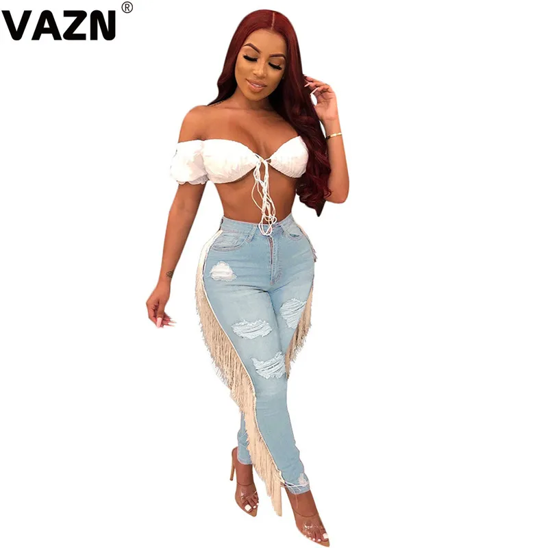 Light blue VAZN ME311 плюс размер горячий список Тяжелая индустрия кисточкой Сексуальная Мода молодой молнии Твердые возраст снижение длинные джинсовые узкие брюки - Цвет: Light blue