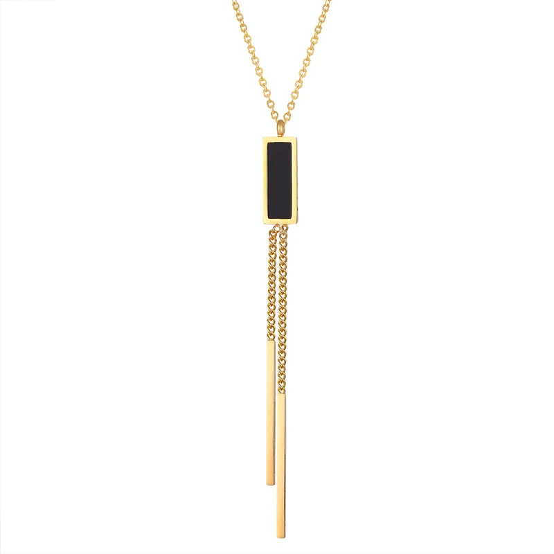 New Arrival Elegant Black Square Hanging Double Chain Pendant Necklace for Women Jewelry Stainless Steel Gold plating | Украшения и