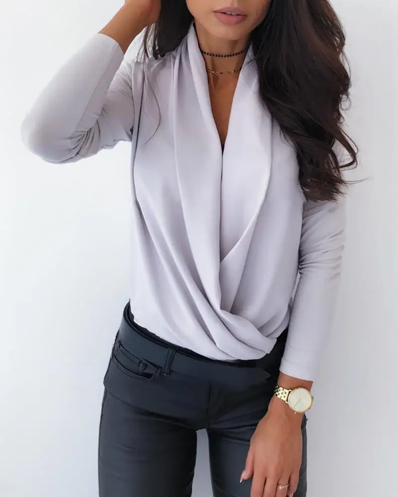 Solid Cowl Neck Long Sleeve Ruched Casual Blouse Tops