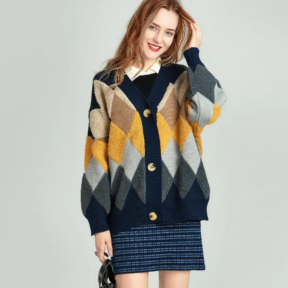 HAVVA осенне-зимний новый женский ромбовидный цветной свитер короткий кардиган