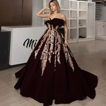 

Burgundy Muslim Evening Dresses Ball Gown Sweetheart Appliques Islamic Dubai Saudi Arabic Long Evening Gown Prom Dresses