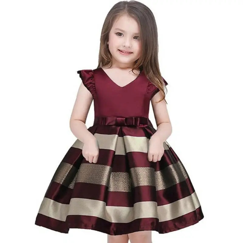 

Hot Princess Kids Baby Girls Flower Bowknot Striped Pageant Party Formal Gown Dresses 2-10Y US Stock