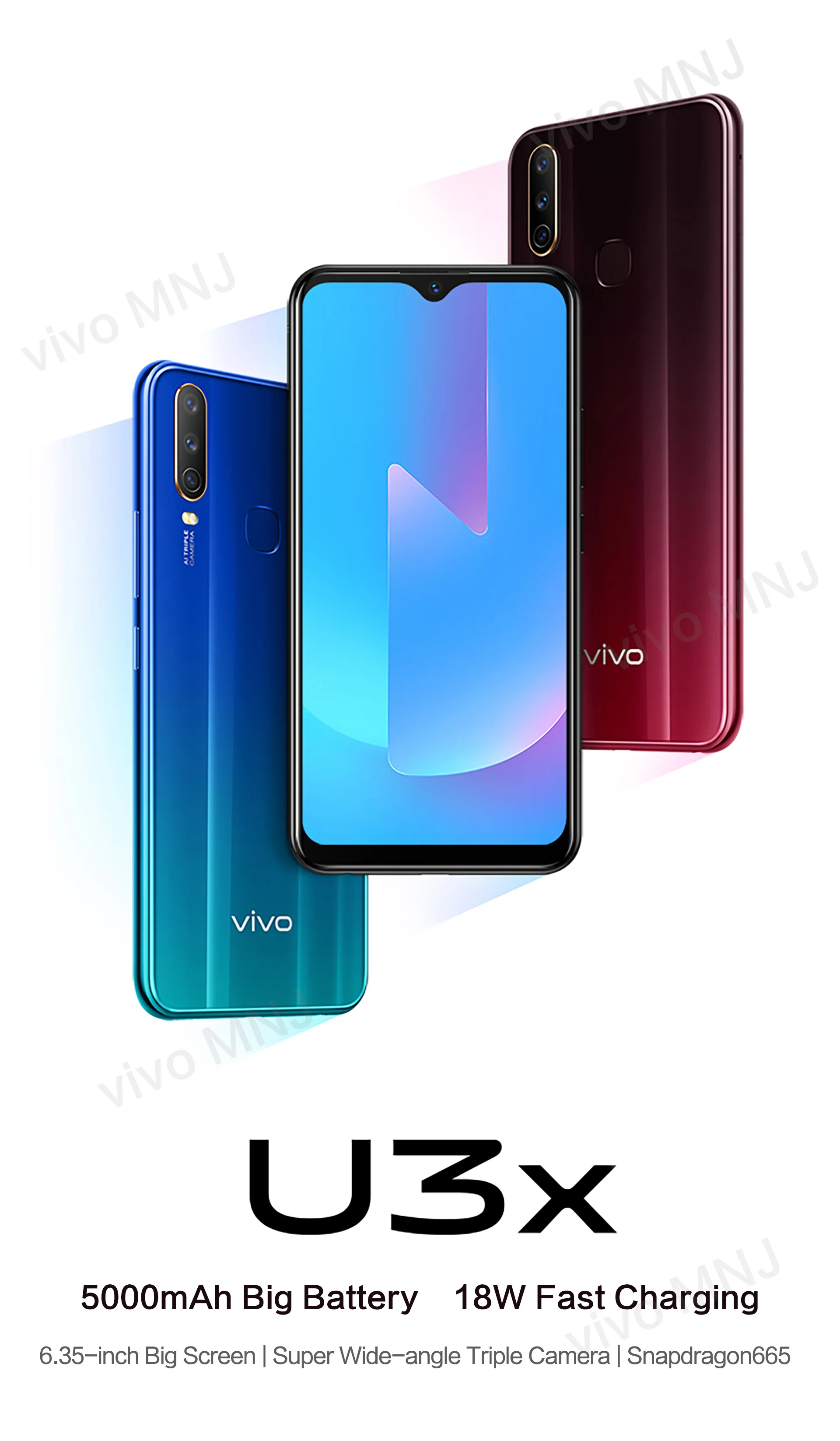 Новый бренд vivo U3x сотовые телефоны celular Snapdragon 655 4G 64G Тройная камера AI 5000 мАч батарея 18 Вт зарядка OTG Android смартфон