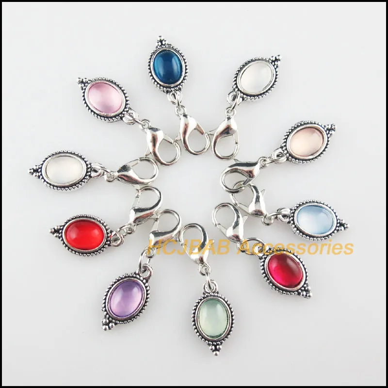 

10Pcs Tibetan Silver Tone Oval Flower Frame Mixed Resin Charms Pendants With Lobster Claw Clasps 9x16mm