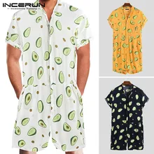 INCERUN авокадо принт мужской комбинезон дышащий Гавайский пляжный Свободный комбинезон для отдыха комбинезон с коротким рукавом Повседневный мужской комбинезон