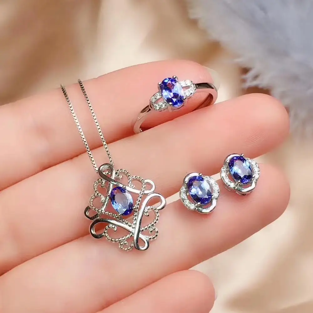 

New Arrival Real Natural Tanzanite jewelry set Natural Real Tanzanite 925 sterling silver 1pc pendant,1pc ring,2pcs Earring