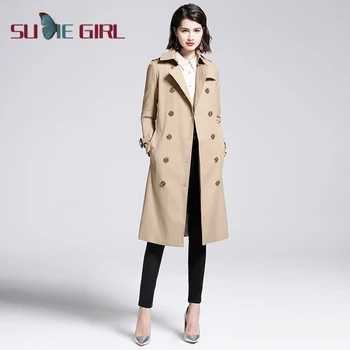 

SUDIE Girl Windbreaker women's long over the knee 2020 autumn double-breasted belted fashion temperament rose red coat jacket