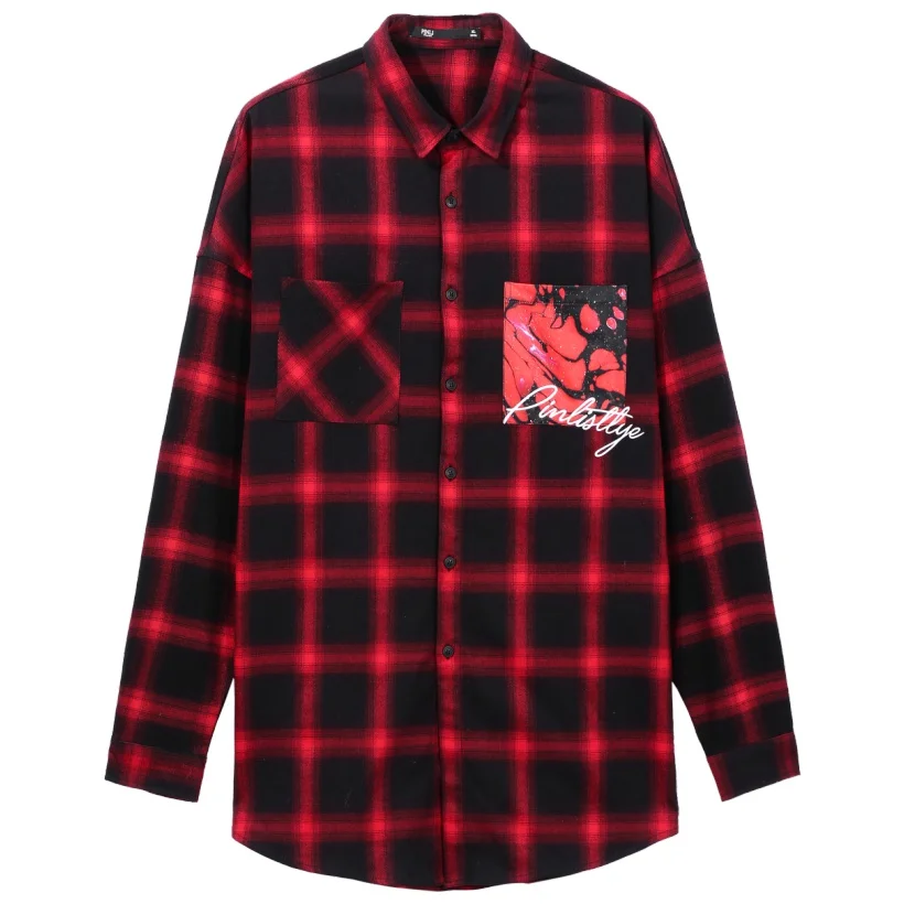 Blusas распродажа Camiseta Masculina Pinli осень Новая мужская рубашка с воротником-капелькой и наплечным принтом с длинными рукавами B193213174 - Цвет: Red