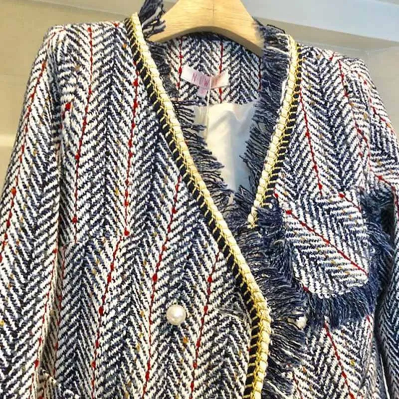 Женский тонкий v-образный вырез двубортные Женские Короткие пальто в полоску осень и зима новые небольшие ароматные твидовые куртки
