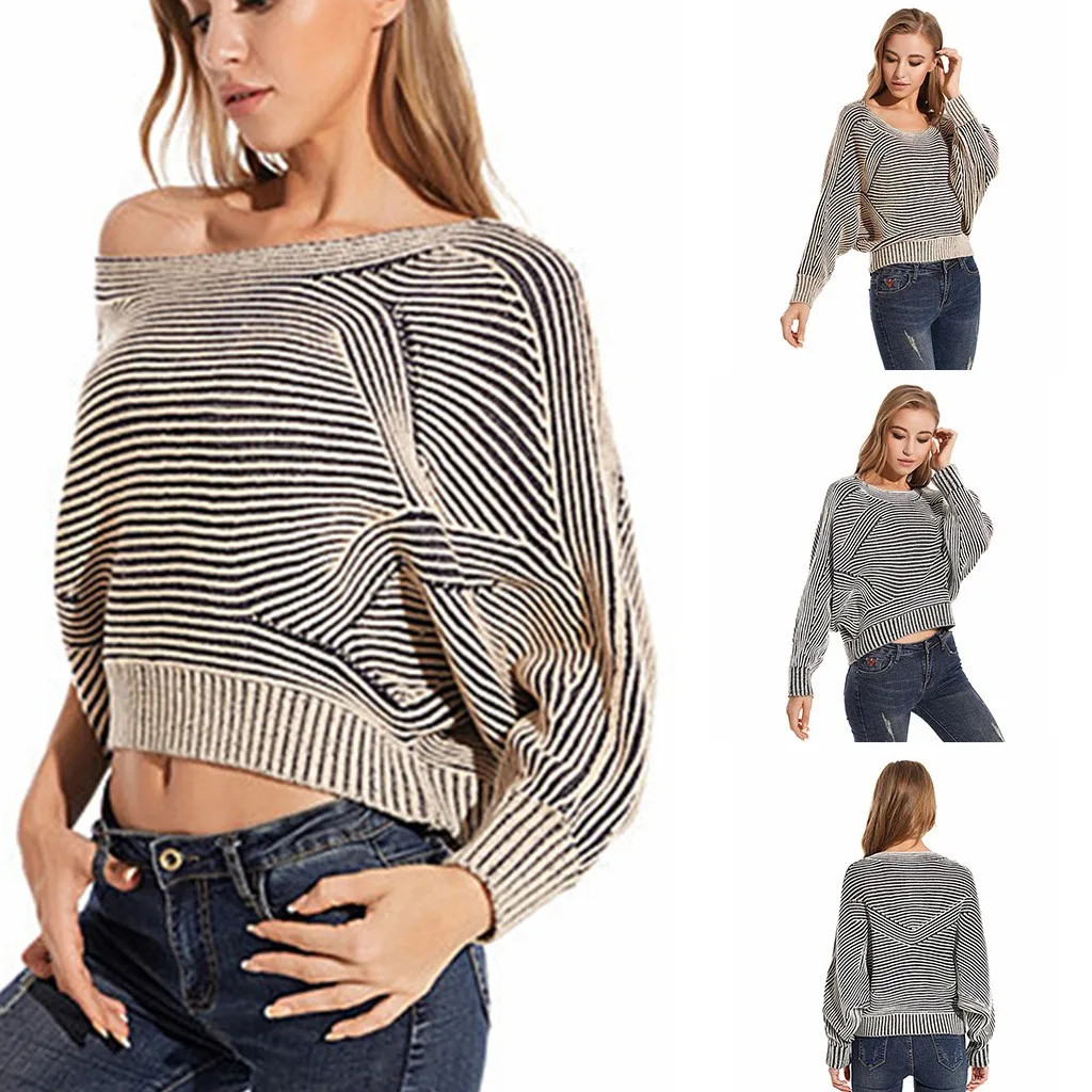 Sweater Women Winter Sweater O-Neck Striped Batwing Sleeve Pullover Sweater Cardigan Feminino Womens Sweaters Pull Femme Women