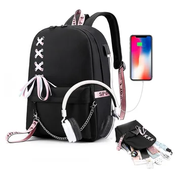 

Fashion big school bags for teenage girls Laptop Backpack Kids bagpack Black Ribbon Schoolbags for children mochila escolar