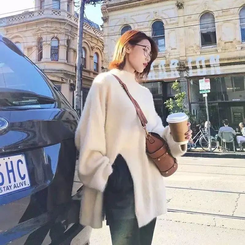 Autumn/winter side slit imitation mink fleece sweater women pullover mid-length Korean version loose thick base | Женская одежда