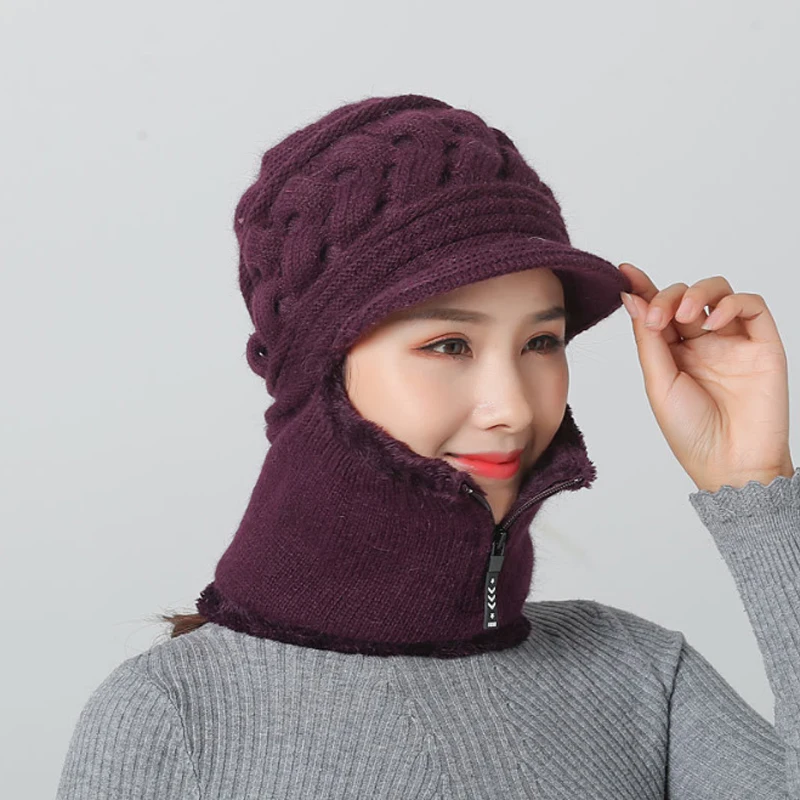 Новинка, брендовые шапки бини, женские вязаные шапки Skullies, нагрудник, маска для сиамских женщин, зимние Бархатные толстые теплые вязаные шапки с кроличьим мехом на молнии - Цвет: Deep purple