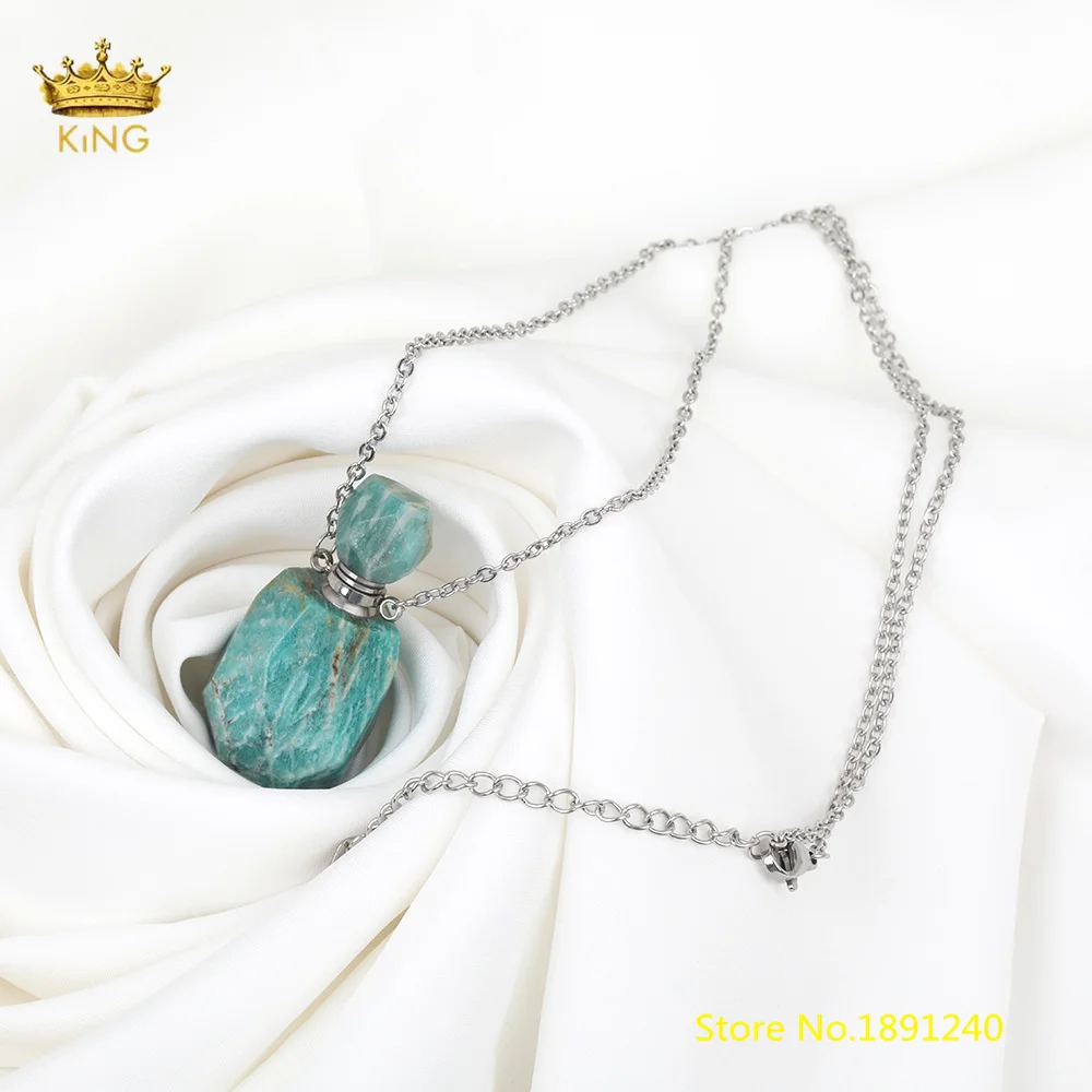 Natural Pink Quartz Perfume Bottle Silvery Chain Pendant Necklace Women Crystal Stone Essential Oil Bottle Jewelry SA-09KBCB