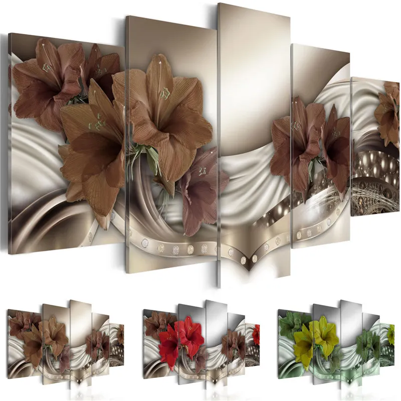 

Canvas Wall Art Pictures Modular Home Decor 5 Pieces Beautiful Lily Equisite Diamond Background Painting Printed Flowers Poster