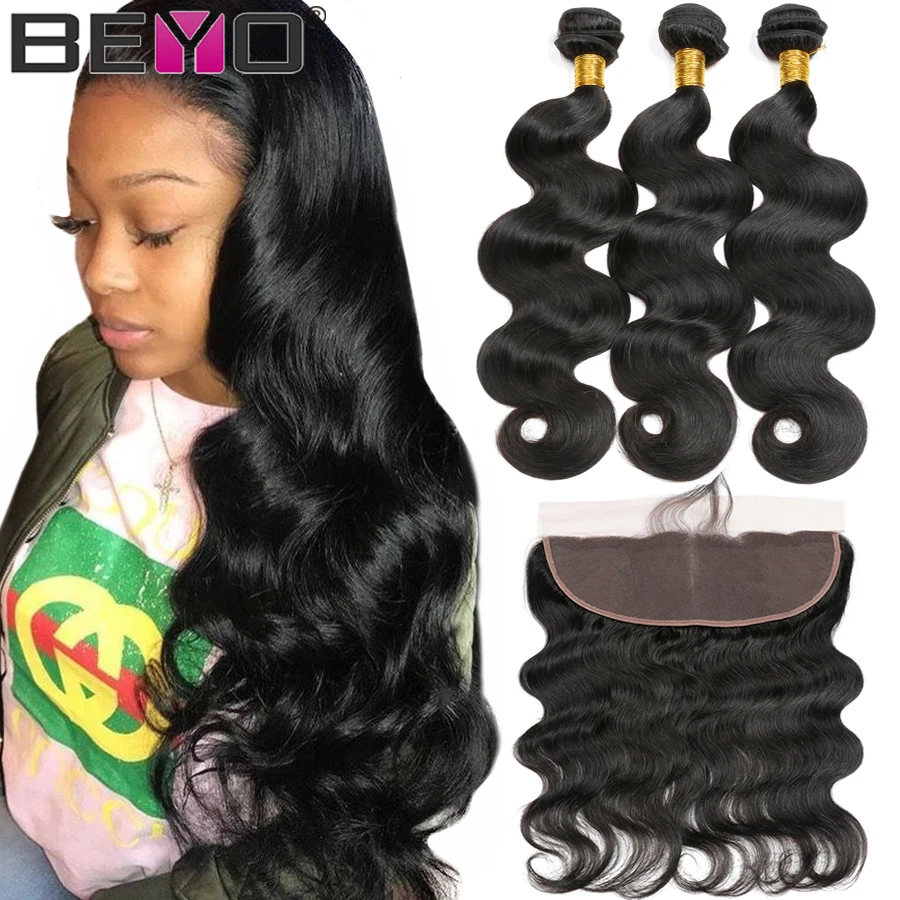 Lowered Body-Wave-Bundles Closure Lace-Frontal Beyo Nonremy-Hair Peruvian  ABNBN3BQ