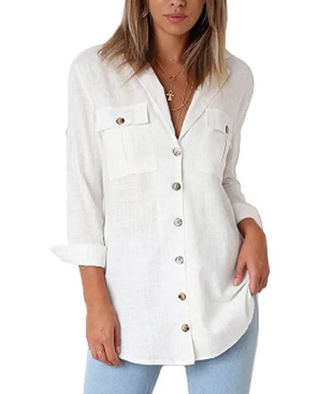 

V Lead 2 Edge Pocket Long Sleeve Chiffon Shirt 2020 Spirng Turn-down Collar Ladies Office Shirts Roupas Femininas Ez*