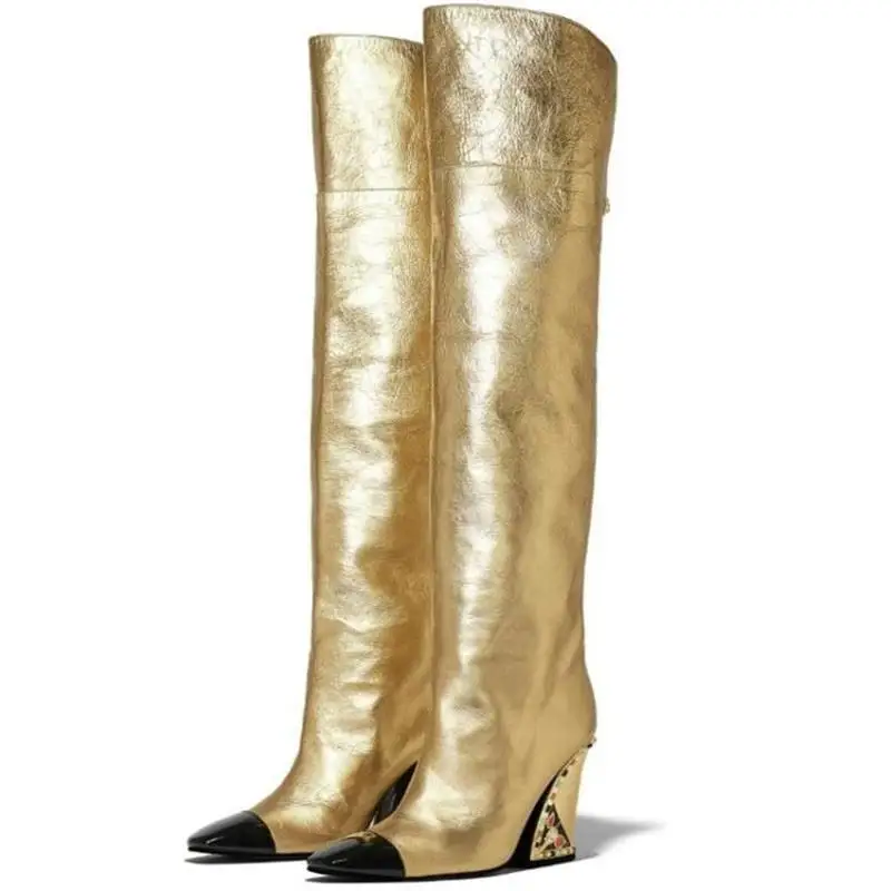 Scarpe donna/ г.; женская обувь; зимние высокие ботинки; однотонные ботильоны золотистого цвета; женская обувь без застежки с острым носком; Botas Largas Dama