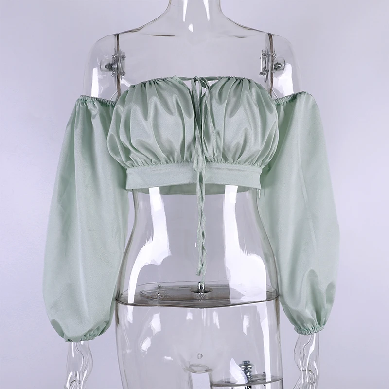 EvenWorse новая женская легкая тонкая блузка с длинным пышным рукавом фонариком топ с открытым декольте