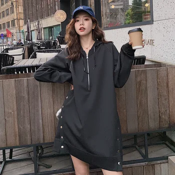 

2020 Spring And Autumn New Youth Popular Female Half Zipper Loose Hooded Sweatshirt Fashion Casual Mid-length Shirt Black S-L