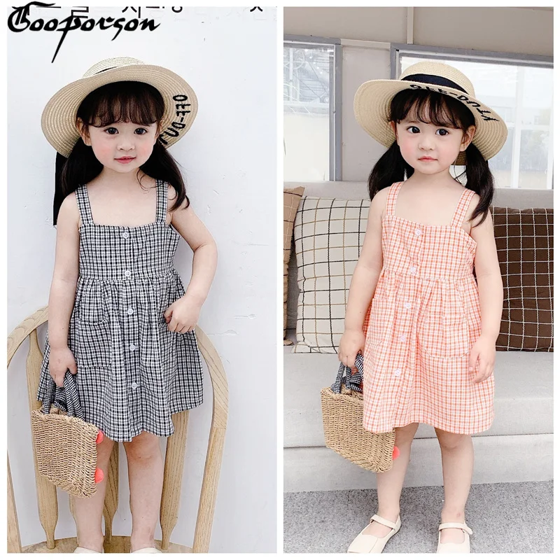Kids Dresses for Girls Summer Korean Cute Plaid Braces Dress Fashion Baby Girl Off The Shoulder Princess Children Costume | Детская