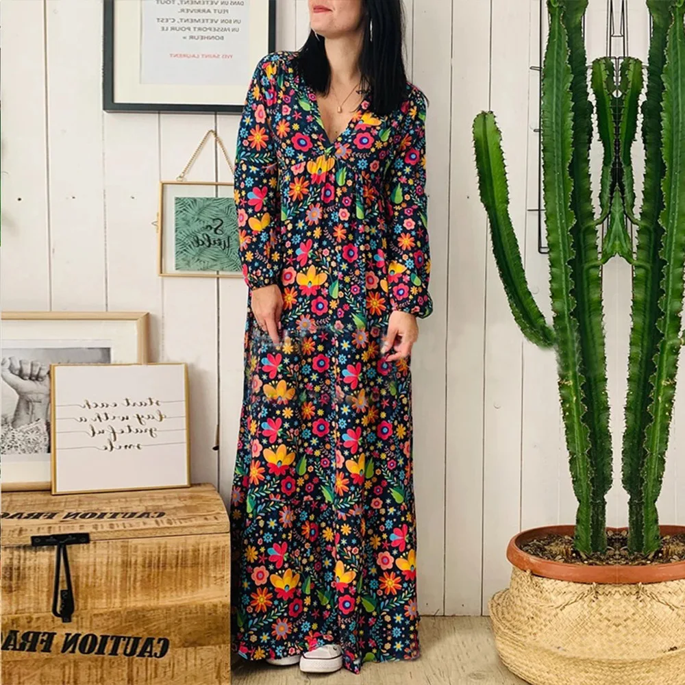 

New Women's Loose V-collar Printed Temperament Dresses In Autumn and Winter of Europe and America In 2019
