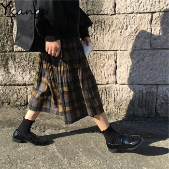

Plus Size 3XL Vintage Plaid Pleated Long Skirts Elastic High Waist Winter Women Korean Woolen Skirt Autumn Streetwear Midi Skirt