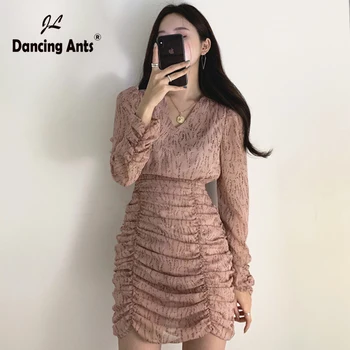 

Woman Skinny Dress V-Neck Long Sleeve High Waist Fold Broken Flower Print Slim Dresses Chic Elegant Office Lady Above Knee Dress