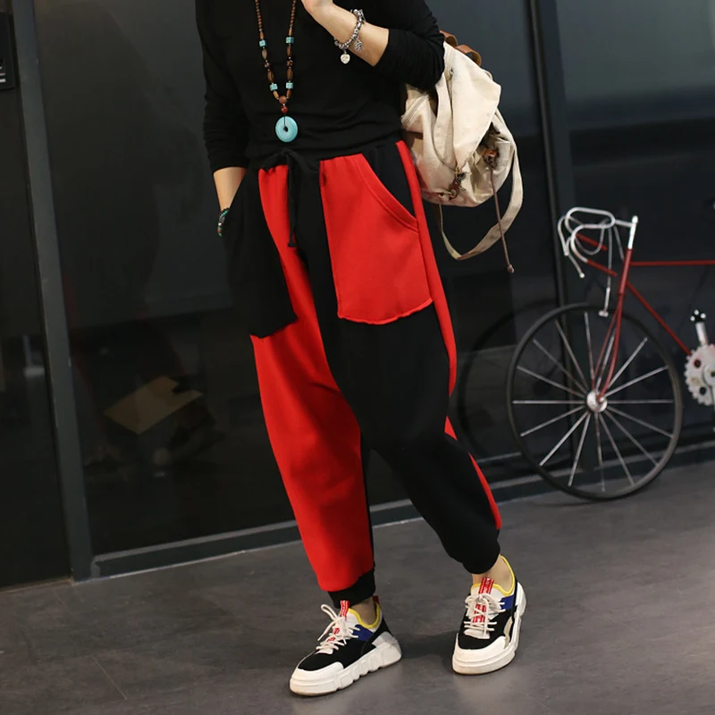 Заниженным шаговым швом Штаны лоскутное Для женщин мешковатые штаны с