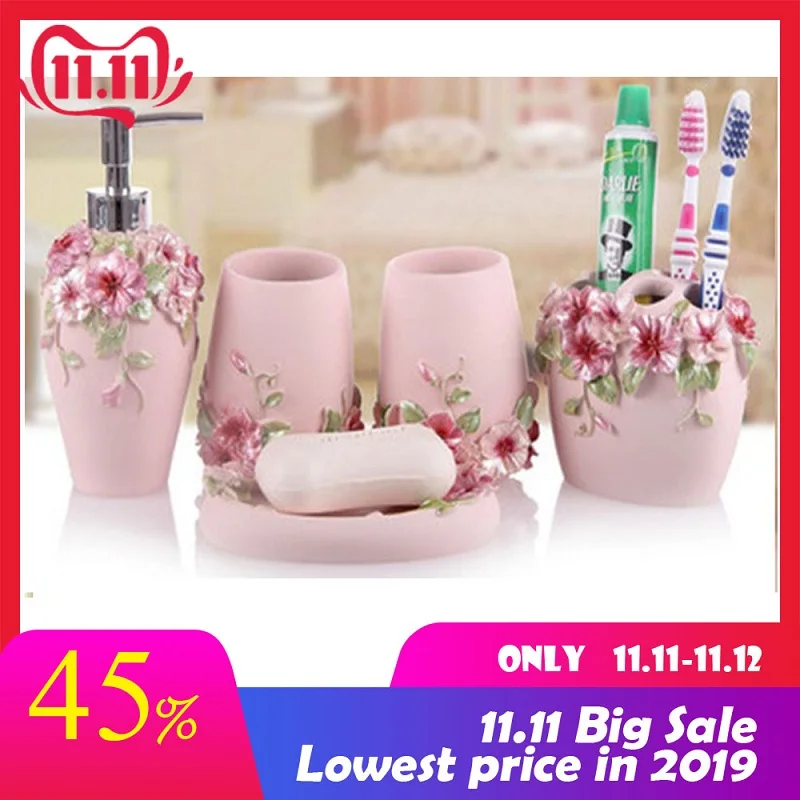 

Rose Resin Fashion wash set bathroom suite set bathroom supplies five pieces set of bathroom Wedding Gifts