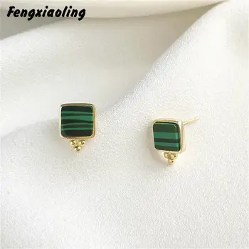 

Fengxiaoling Really 925 Sterling Silver Geometric Square Malachite Stud Earrings For Women European Style Earings Jewelry