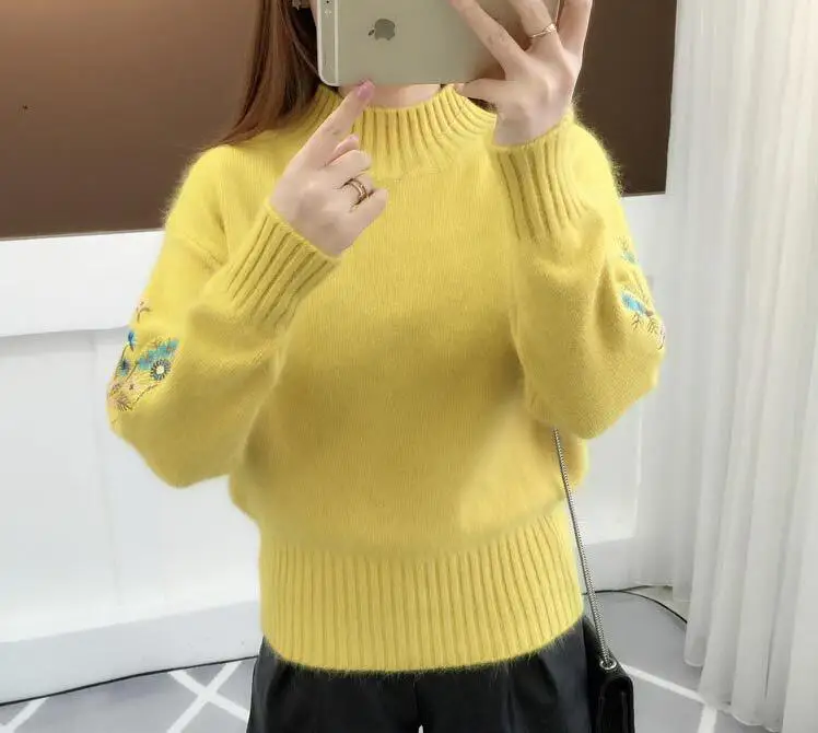 Женский пуловер с длинными рукавами и цветочной вышивкой, женский свитер в Корейском стиле, вязаный пуловер, джемпер на осень и зиму, топы Q9102 - Цвет: Цвет: желтый