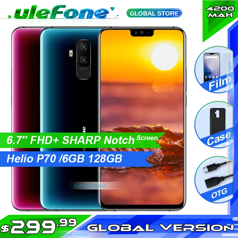 

Ulefone T2 6.7'' FHD+ Helio P70 6GB 128GB Smartphone Dual 4G Fingerprint Face ID NFC Android 9.0 Mobile Phone 4200mAh