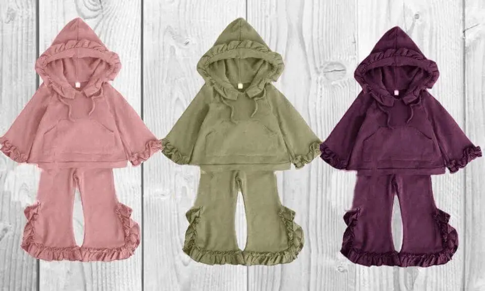

Solid color cartton hoodie set baby girl's clothes with ruffles design kids wear outfits
