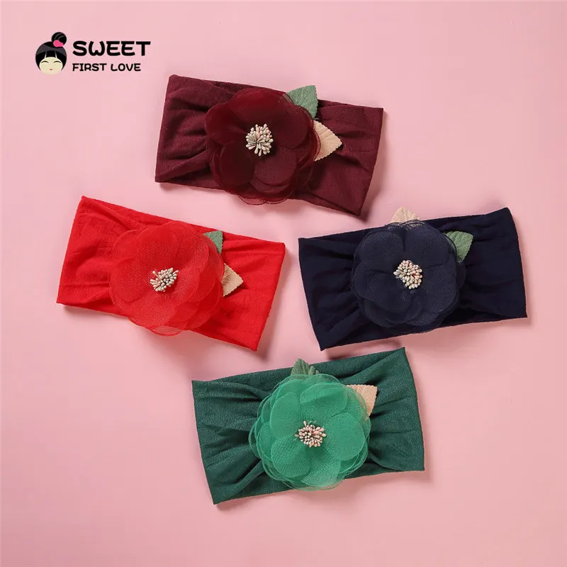 4pcs Chiffon Flower Headwraps Girls Nylon Headbands kids Hair Accessories Soft Elastic Newborn Hair Bands Turban Christmas Gifts - Цвет: NHB0458-1-4pcs
